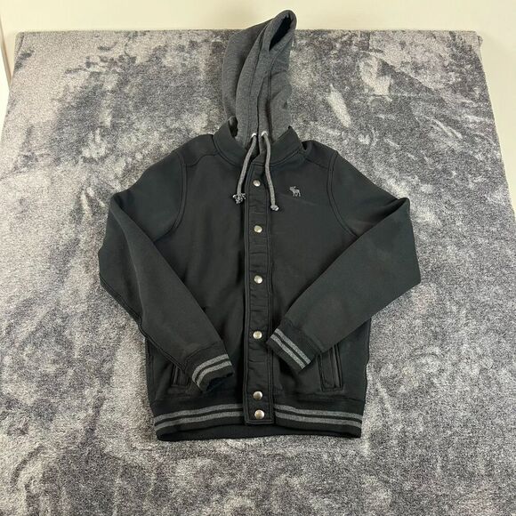 SOLD Abercrombie & Fitch Hooded Fleece Lined Jacket Black Gray Snap Button Men's - Picture 1 of 11